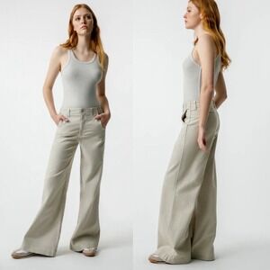 $449 AMO Denim Edith Wide Leg Trouser Pants 29 Linen Blend Casual Khaki Beige